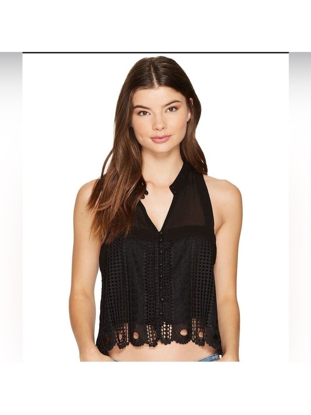 Free People Womens Black Crochet Keyhole Tank Top Size Small
